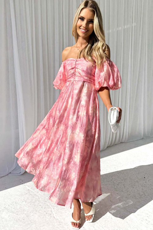 Classic Elegance Puff Sleeve Floral Embroidery Midi Dress