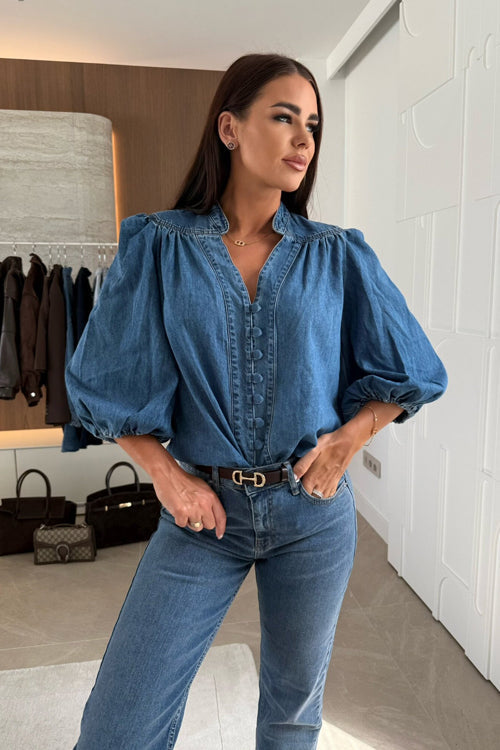 Countryside Perfection Medium Wash Denim Half Sleeve Top