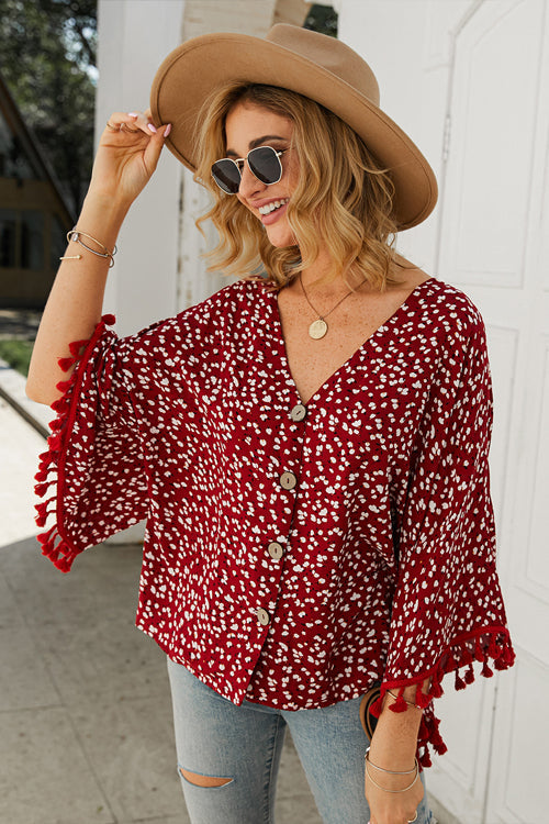 Golden Glow Soul Printed Tassel Button-Up Top