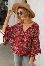 Golden Glow Soul Printed Tassel Button-Up Top