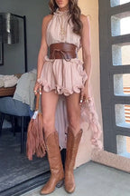 Delightful Potential Ruffled Sleeveless Chiffon Suit