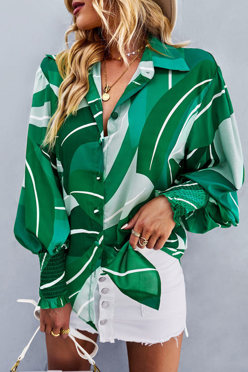 Life Of Affection Print Button Down Smocked Top - 7 Colors
