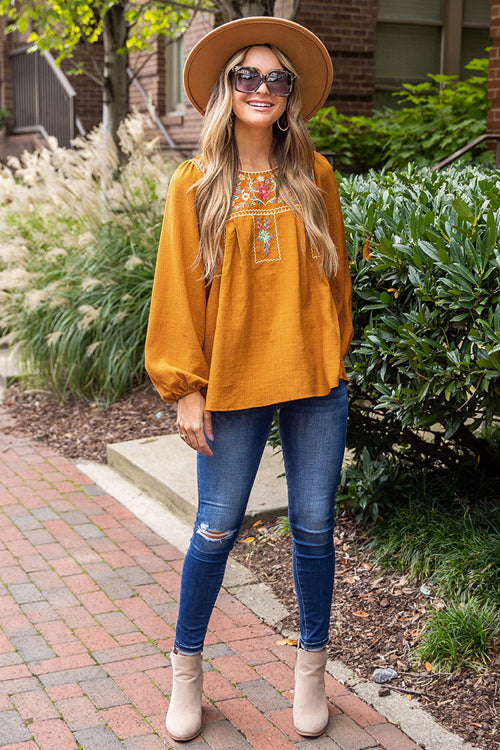 Daytime Escape Yellow Boho Embroidery Top