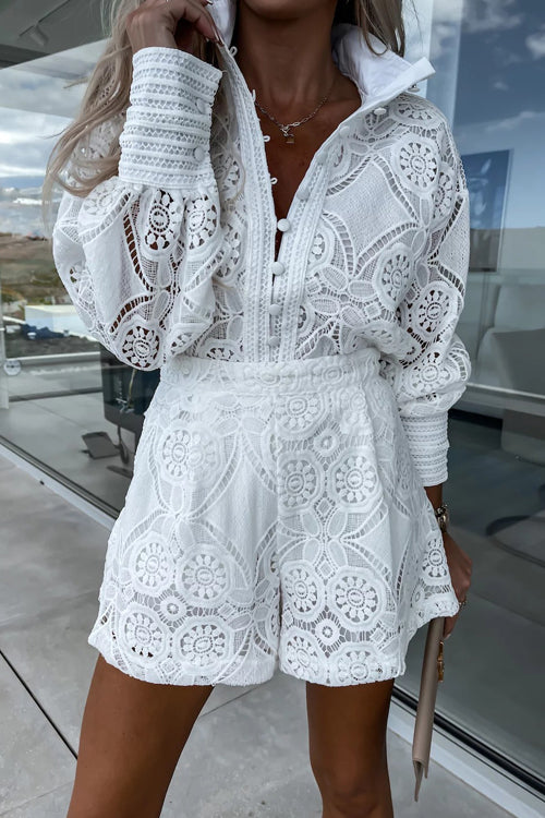 Delightful At Heart Lace Crochet Long Sleeve Suit