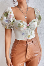 Slow Moment Vintage Flower Lace Puff Sleeve Crop Top