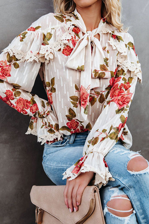 Beloved Reverie Lace Up Floral Print Top