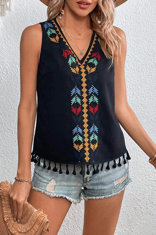 Just Be You Boho Embroidered Tassel Sleeveless Top