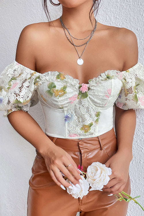 Slow Moment Vintage Flower Lace Puff Sleeve Crop Top