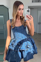 Prinsley Medium Wash Denim Flowers Mini Dress