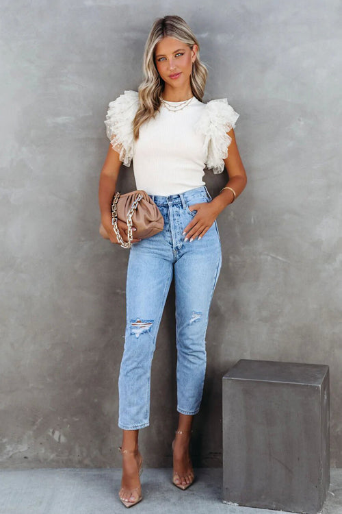 On Your Time Swiss Dot Tulle Sleeve Knit Top