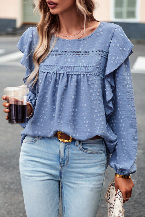 Miss You So Swiss Dot Lace Ruffled Long Sleeve Top