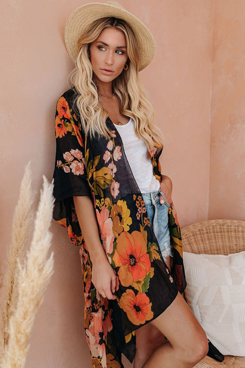 Morning Golden Glow Beach Floral Printed Kimono