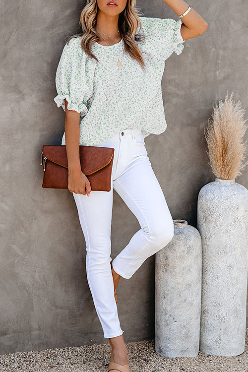 Floral Print Babydoll Puff Sleeve Blouse Top