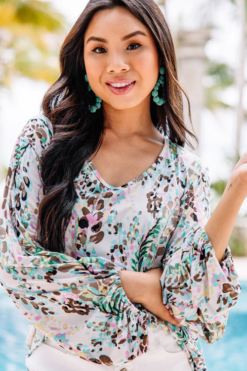 Express Your Heart Print Balloon Sleeve Top