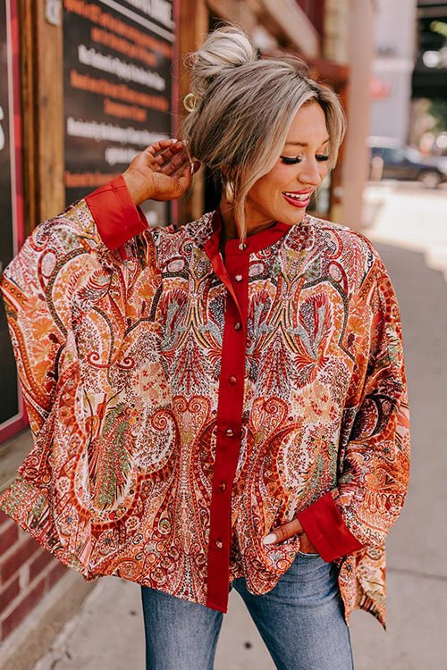 Charming Time Print Button Down Long Sleeve Top