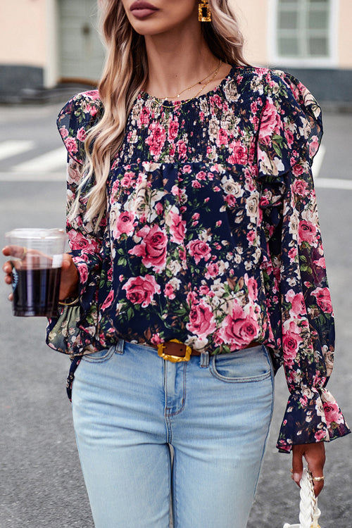 By The Garden Floral Print Long Sleeve Smocked Top