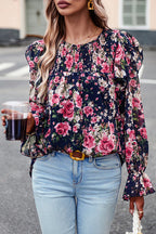 By The Garden Floral Print Long Sleeve Smocked Top