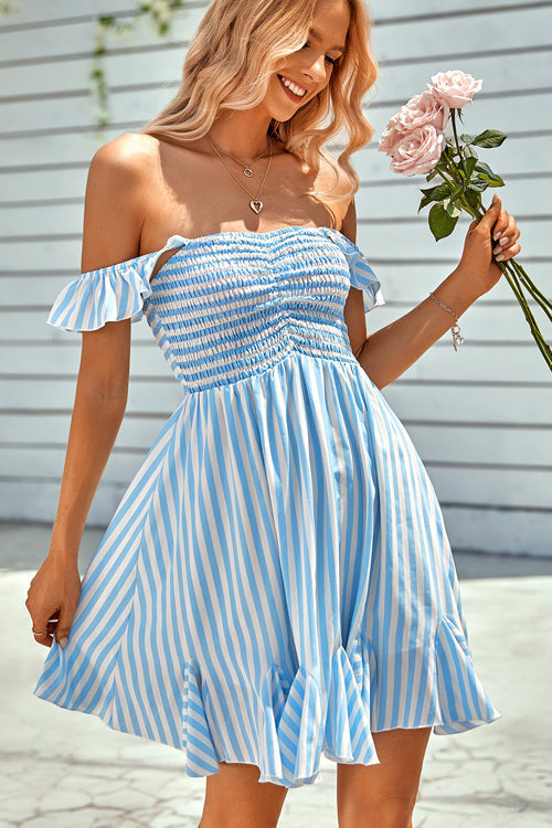 Loveliest Look Striped Off Shoulder Mini Dress