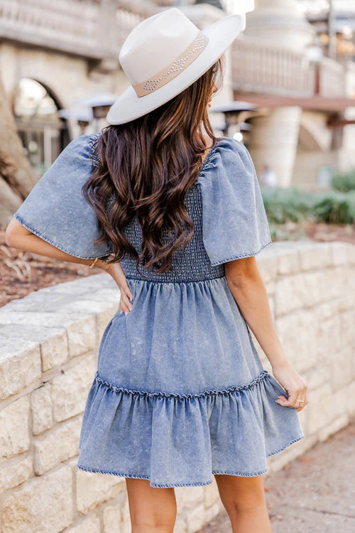 Delightful Charmer Smocked Denim Mini Dress