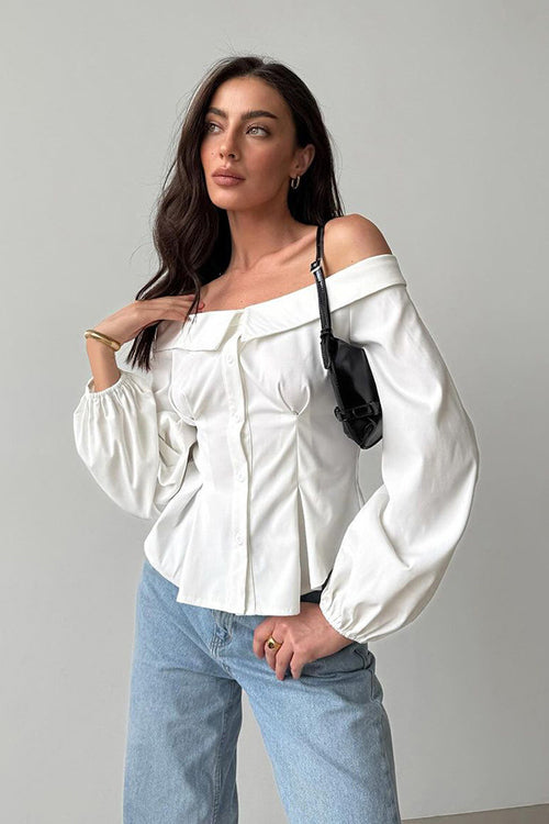 Demure and Delightful Off Shoulder Long Sleeve Top