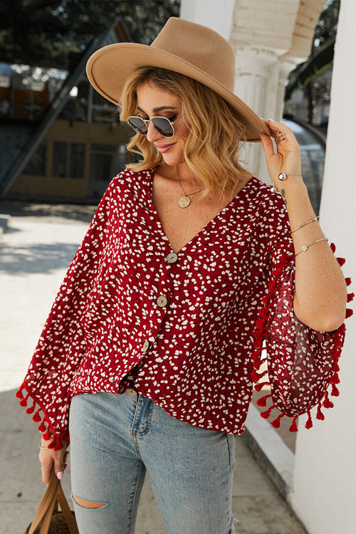 Golden Glow Soul Printed Tassel Button-Up Top
