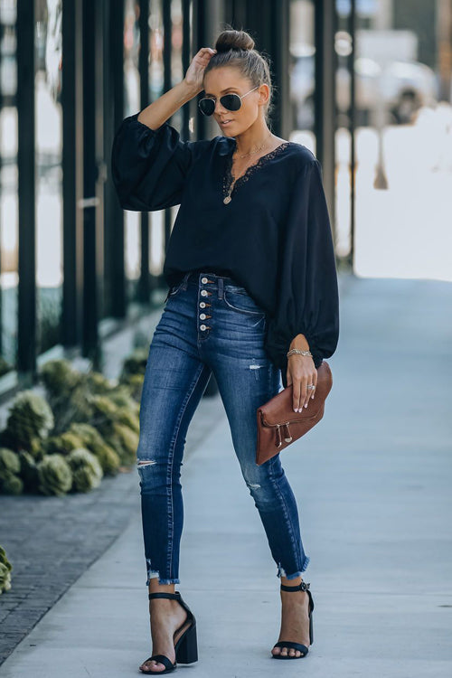Date Evening Out Lace Balloon Sleeve Top