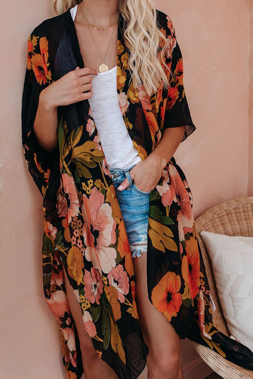 Morning Golden Glow Beach Floral Printed Kimono