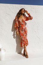 Stay Close Floral Print Smocked Midi Dress