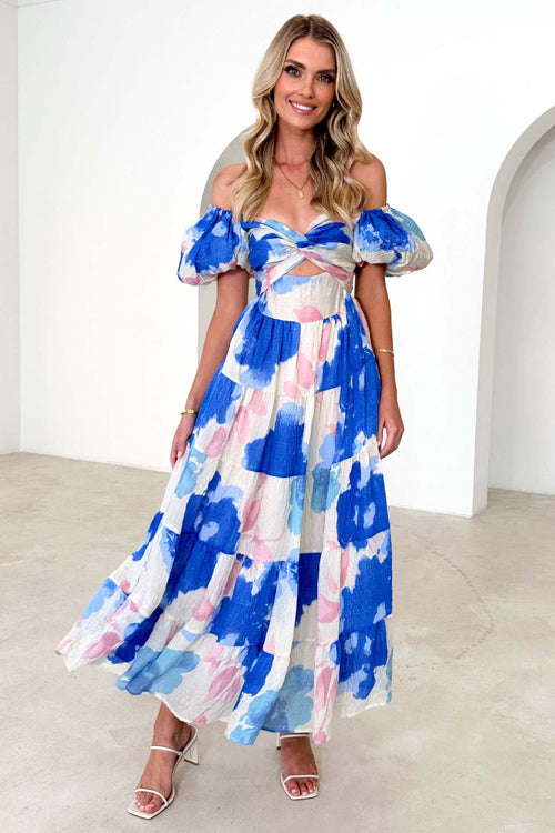 Clear Affection Printed Puff Sleeve Maxi Dress