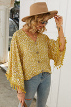 Golden Glow Soul Printed Tassel Button-Up Top