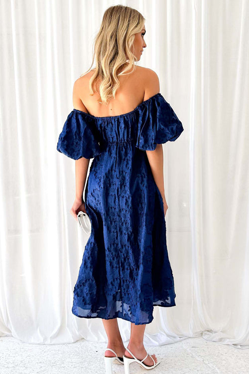Classic Elegance Puff Sleeve Floral Embroidery Midi Dress