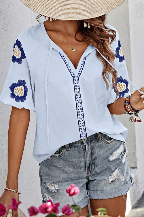 Waiting For Affection Floral Embroidery Short Sleeve Top