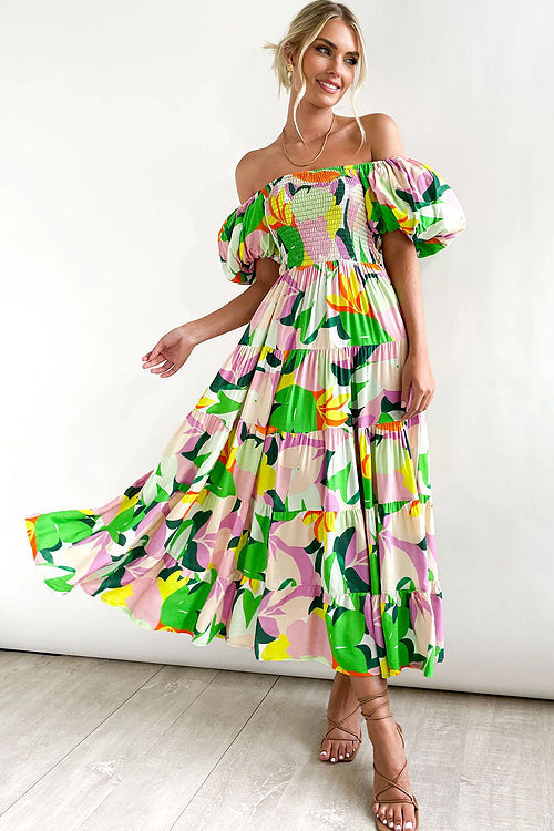 Beloved Daylily Floral Print Off Shoulder Smocked Maxi Dress