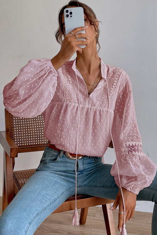 Charming New Day Lace Swiss Dot Long Sleeve Top