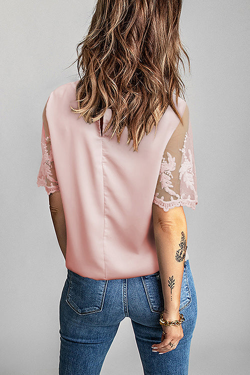 Try To Keep Up Lace Embroidered Short Sleeve Top
