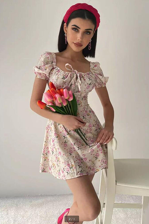 Floral Forever Puff Short Sleeve Printed Mini Dress