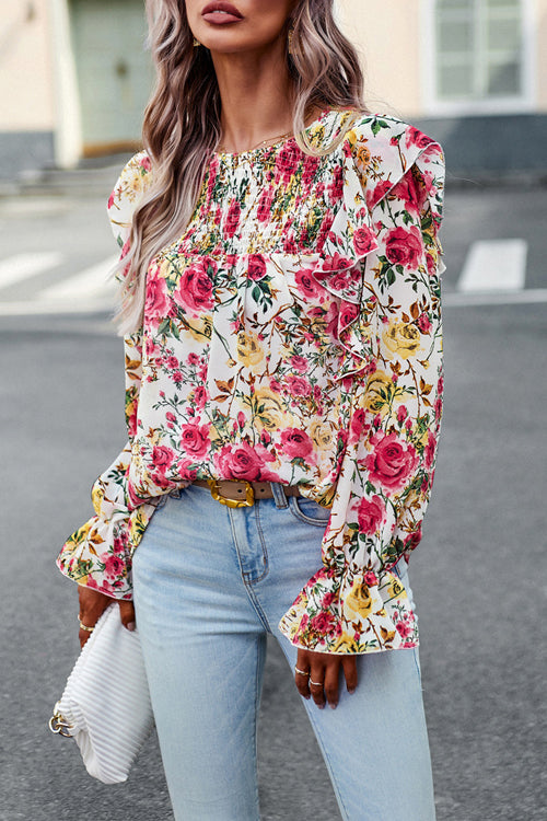 By The Garden Floral Print Long Sleeve Smocked Top