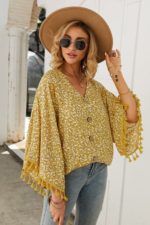 Golden Glow Soul Printed Tassel Button-Up Top