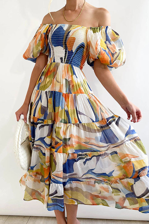 Beloved Daylily Floral Print Off Shoulder Smocked Maxi Dress