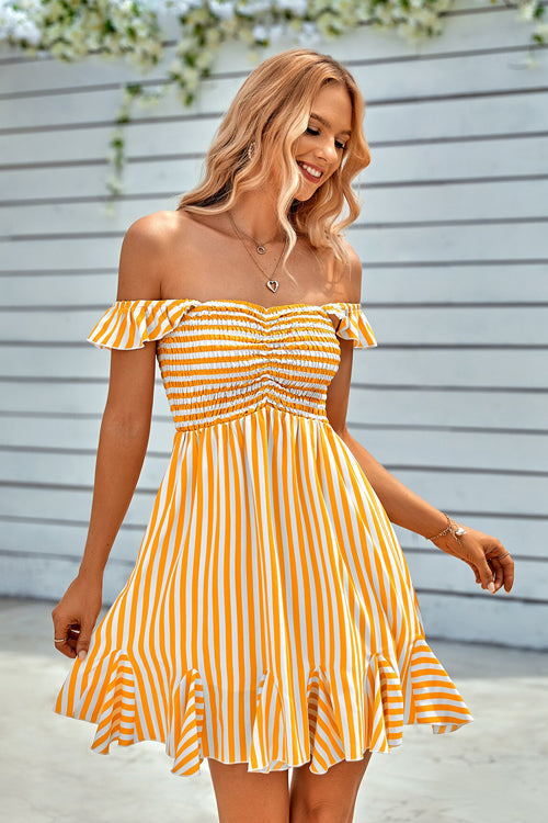 Loveliest Look Striped Off Shoulder Mini Dress