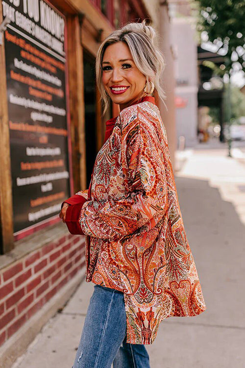 Charming Time Print Button Down Long Sleeve Top