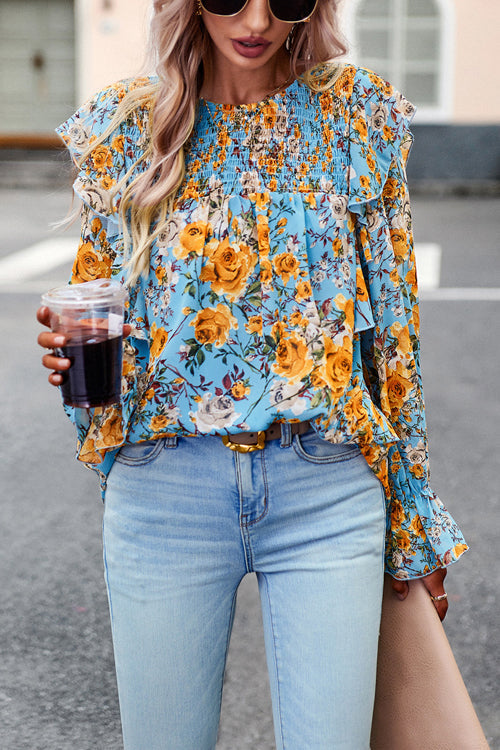 By The Garden Floral Print Long Sleeve Smocked Top