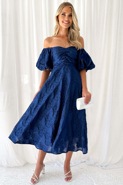 Classic Elegance Puff Sleeve Floral Embroidery Midi Dress