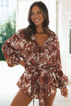 Luck And Affection Print Long Balloon Sleeve Romper
